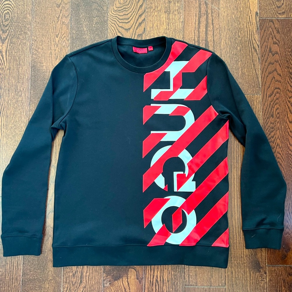 Hugo Boss logo crewneck. Black and Red stripe, size XL.